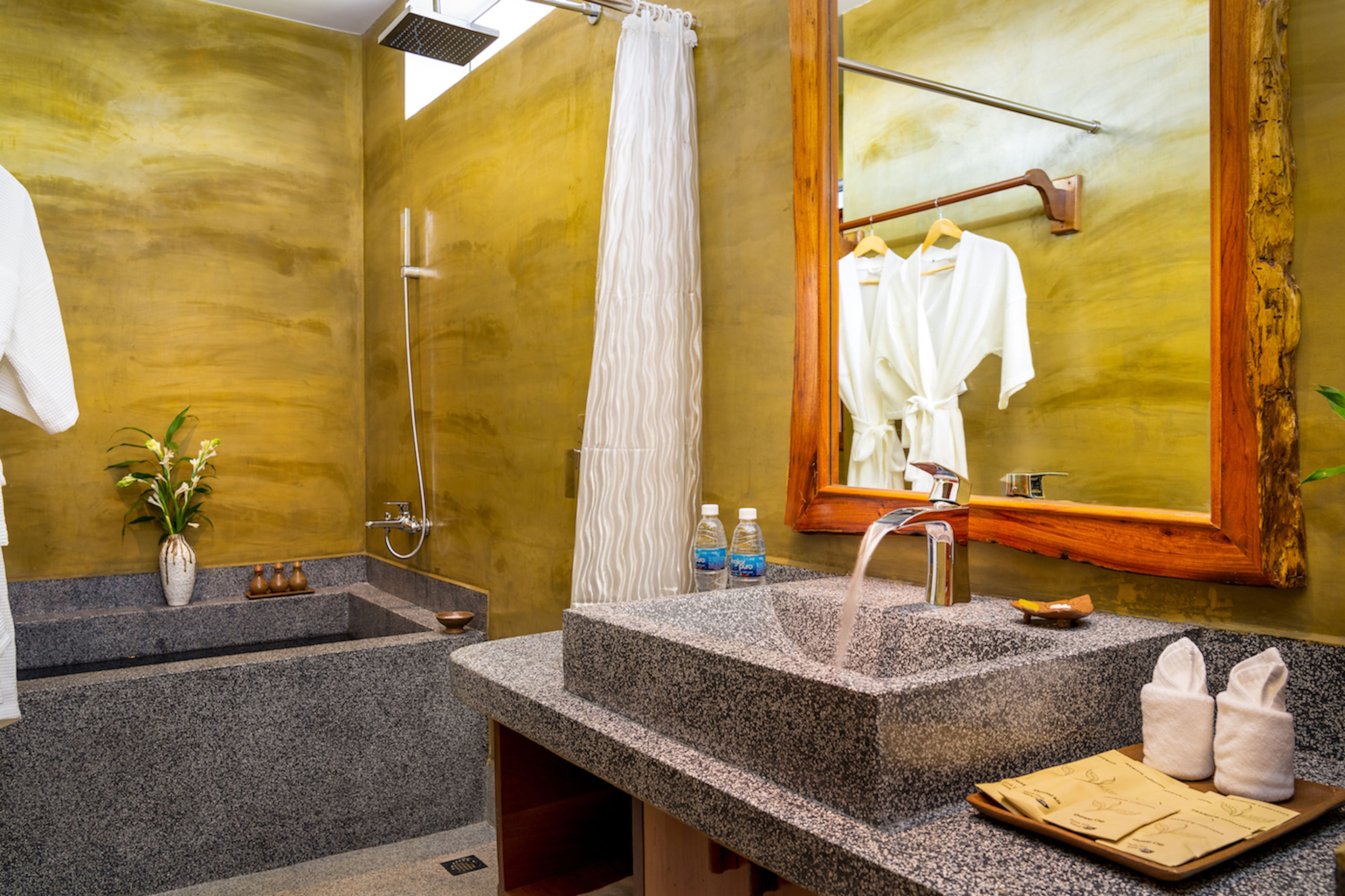 deluxe double -modern style -pool view with private balcony | bathroom | separate bathtub and shower, deep-soaking bathtub, free toiletries