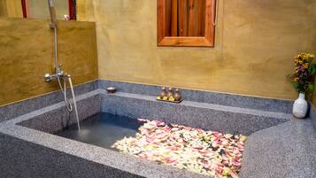 Luxury Double -Modern style -Pool view with Private balcony | Bathroom | Separate tub and shower, deep soaking tub, free toiletries, hair dryer