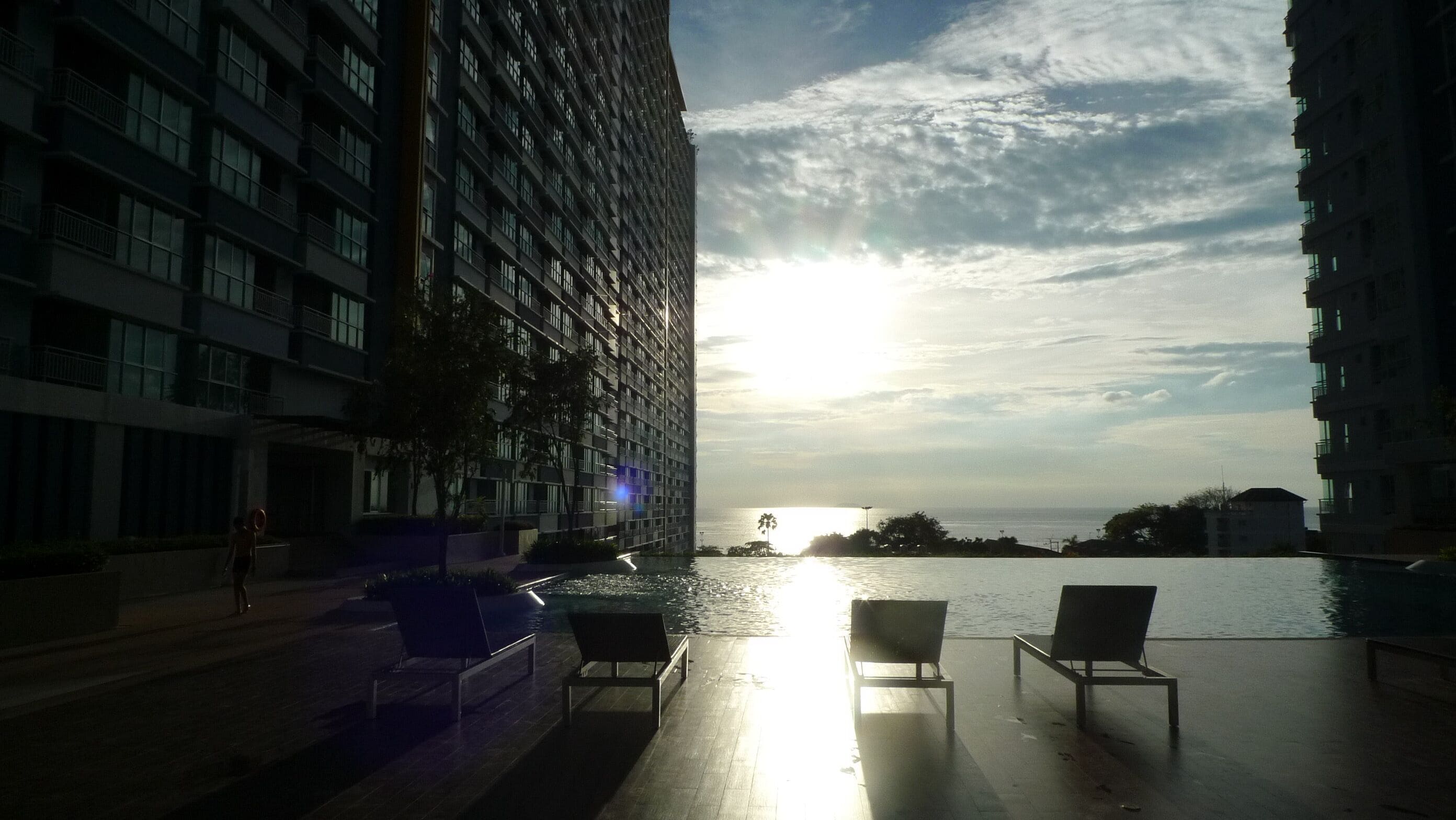 Outdoor pool, pool umbrellas, pool loungers