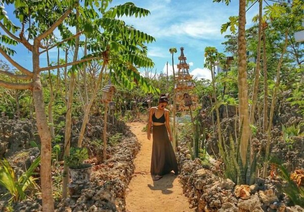 A pathway surrounded by tropical vegetation and a small structure in the distance. - Birdland Beach Club (Bolinao)