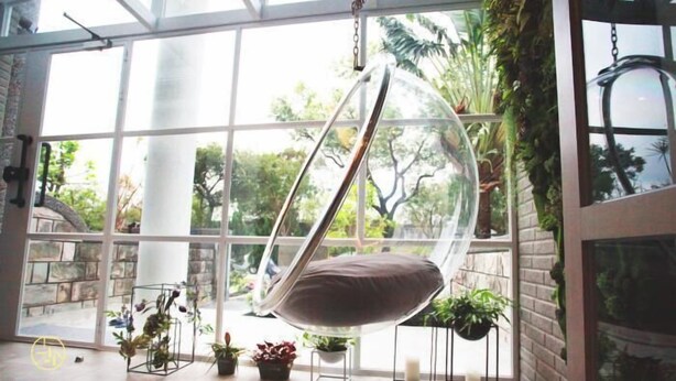 A spacious room with a large window, a hanging chair, and several potted plants. - ManMan (Hualien City)