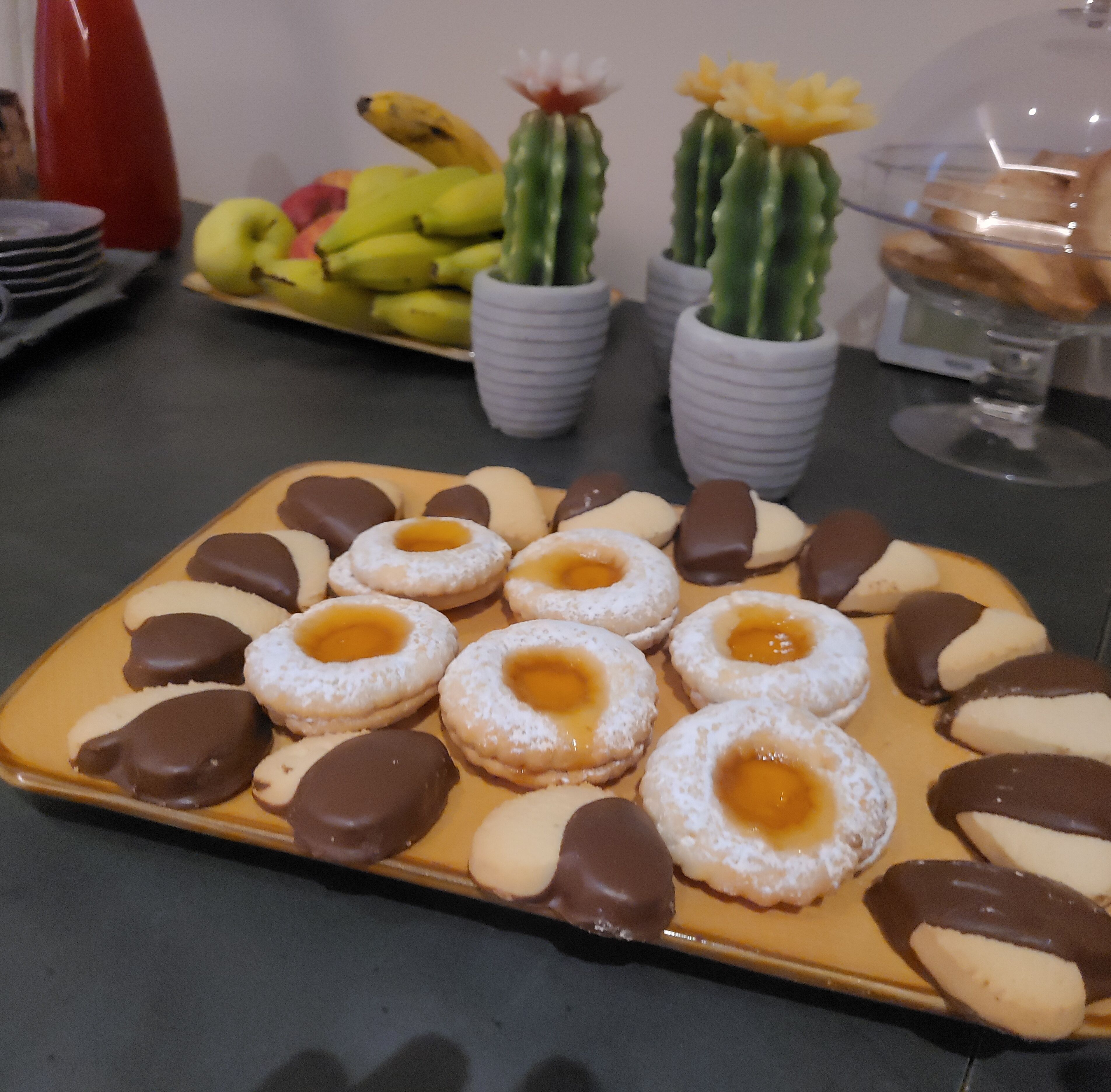 A tray of assorted pastries, including chocolate-covered and powdered sugar-covered donuts, on a table.