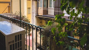 A balcony with a metal railing, a potted plant, and a building facade in the background. - Domus Alberti (Rome)
