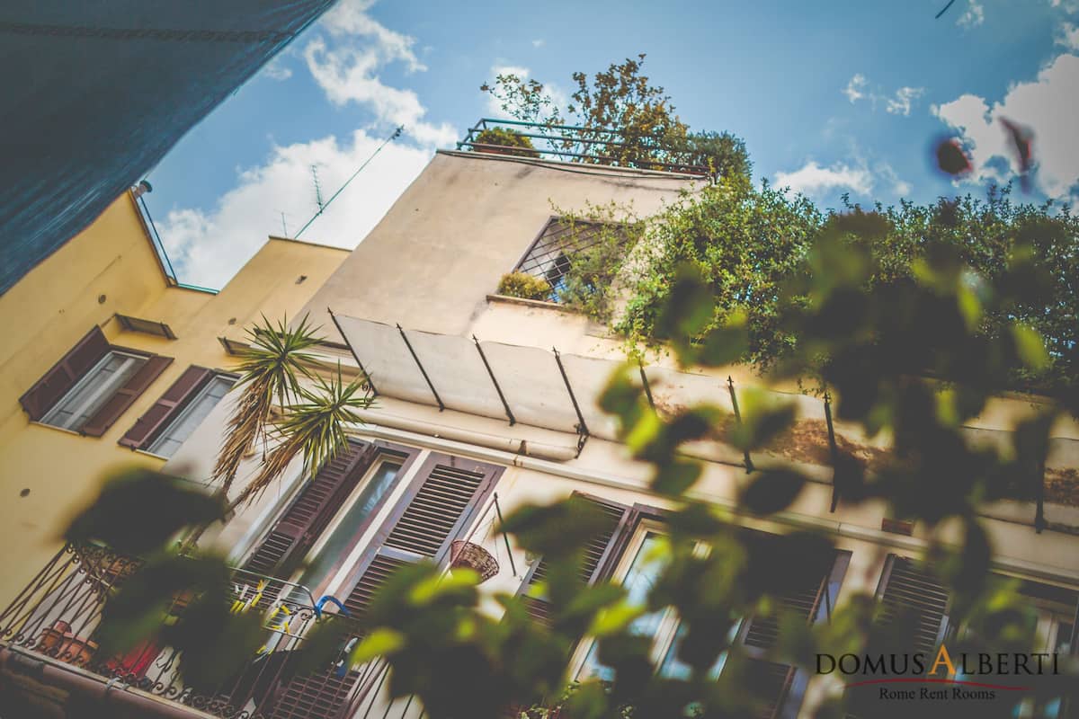 Un edificio con varias ventanas, algunas con contraventanas, y un balcón con una planta.