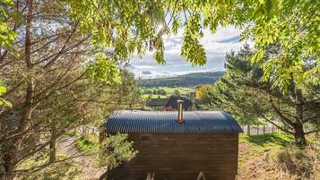 A wooden cabin with a metal roof, surrounded by trees and a view of a distant landscape.