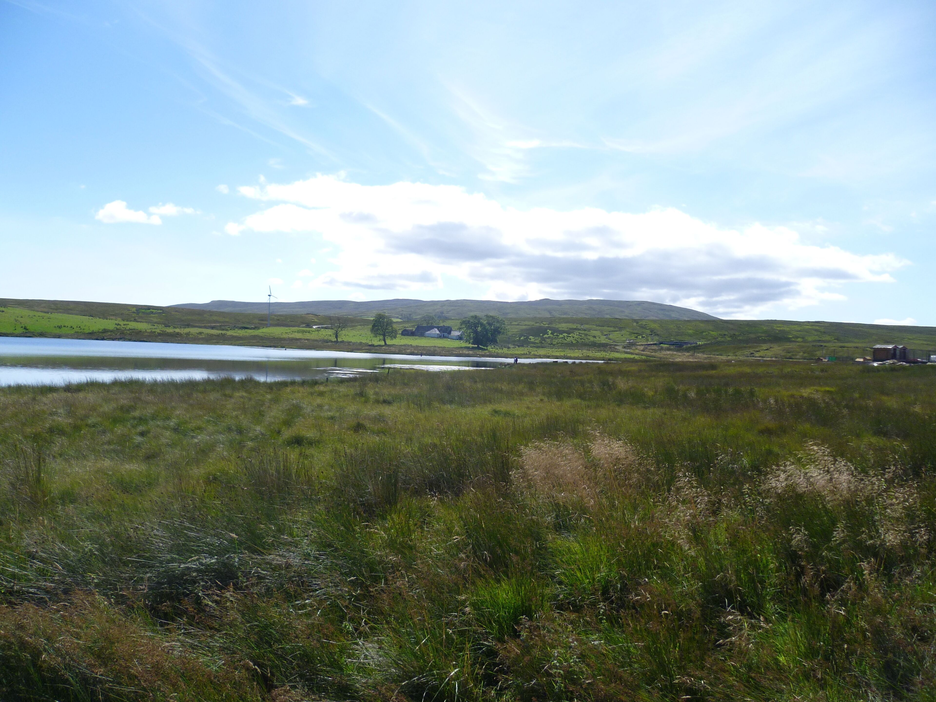 A natural landscape with a lake, grassy fields, and distant hills.