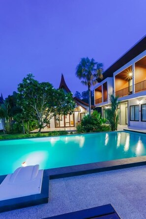 Outdoor pool, pool umbrellas, pool loungers