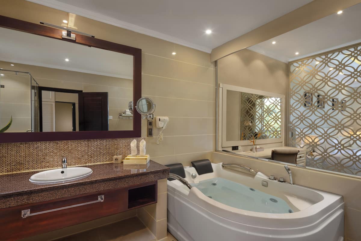 Junior suite, 2 queensize bedden, hot tub | Badkamer | Een aparte badkuip en douche, een diep bad, een regendouche