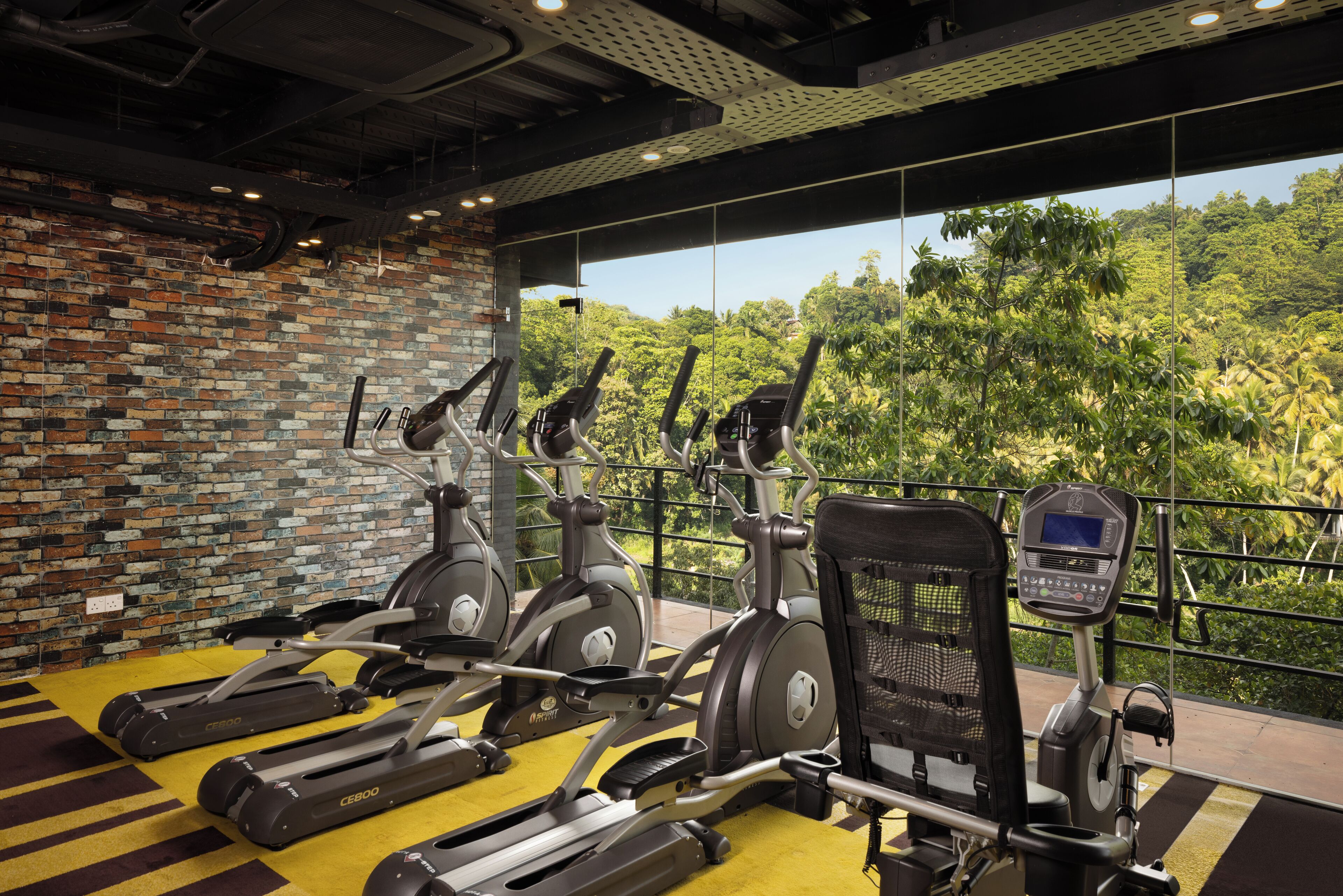 Ein Fitnessstudio mit Laufbändern, Ergometer und Rudergerät.