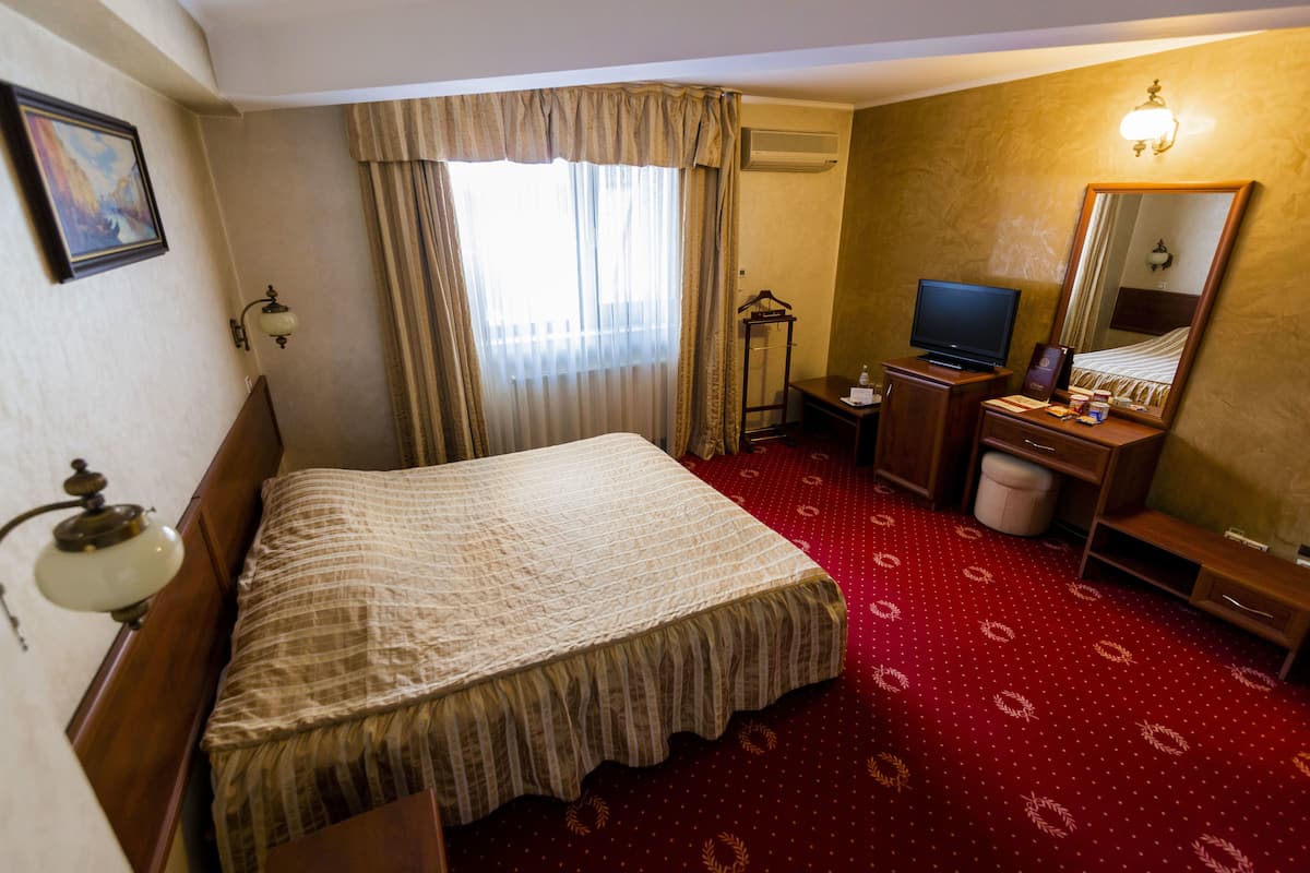 Una habitación de hotel con una cama, televisor, escritorio y espejo.