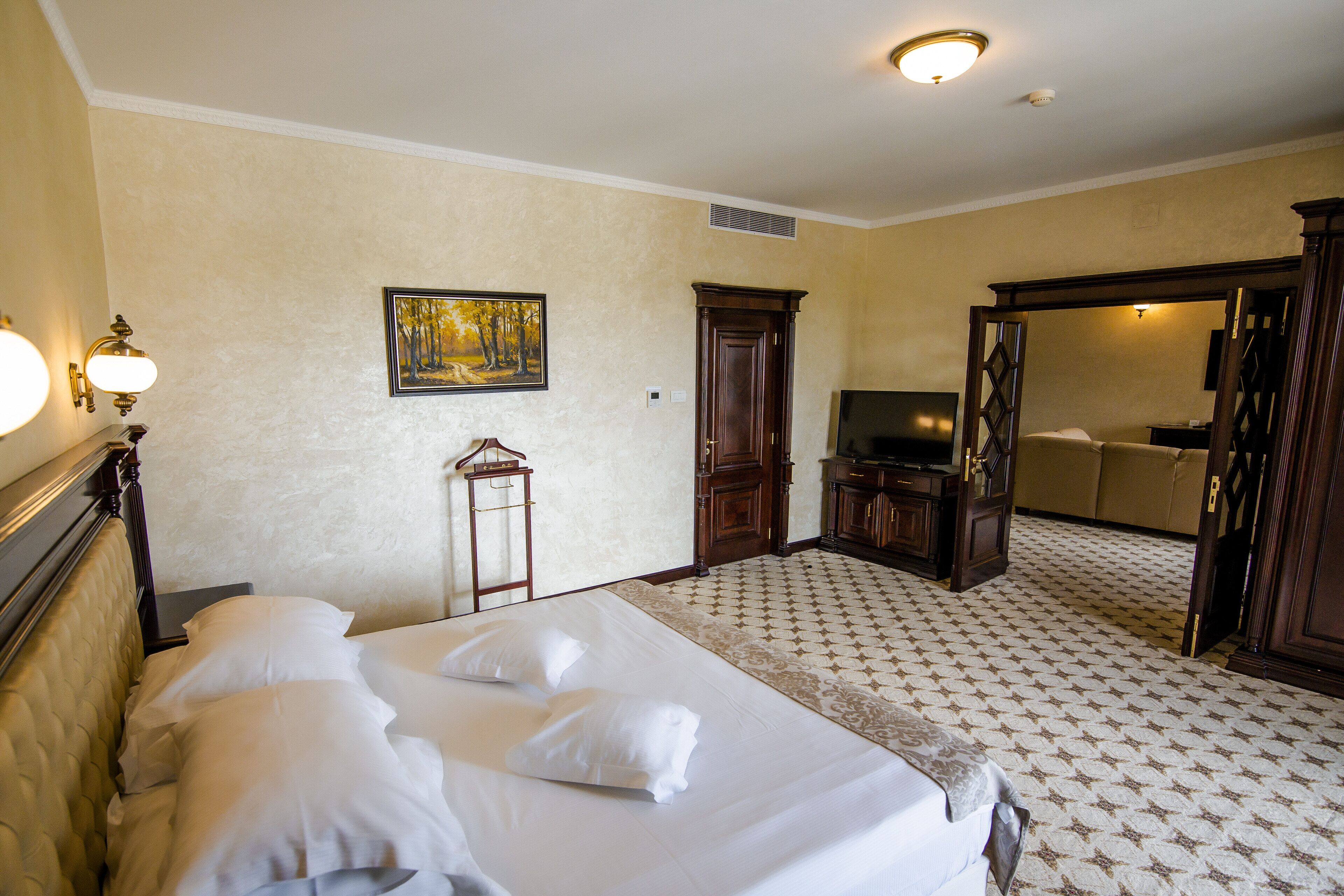 A hotel room with a large bed, a television, a wardrobe, and a mirror.