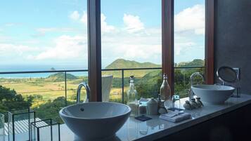 A bathroom with a large bowl sink, a mirror, and a view of a green landscape through large windows.
