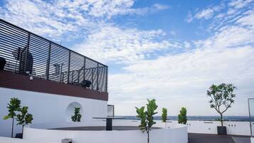 A rooftop terrace with a modern architectural design, featuring a curved white wall, a wooden deck, and potted plants.