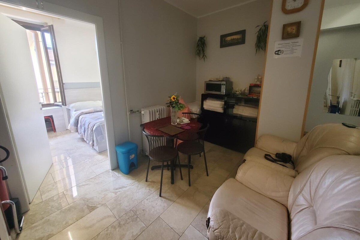 A hotel room with a bed, a small dining table with chairs, a microwave, a sofa, and a radiator.