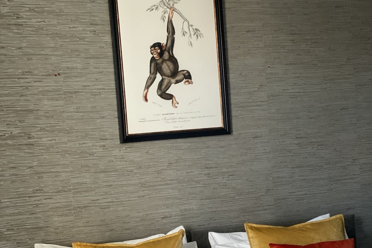 A hotel room with a bed, two pillows, a framed illustration on the wall, and a neatly made bed.