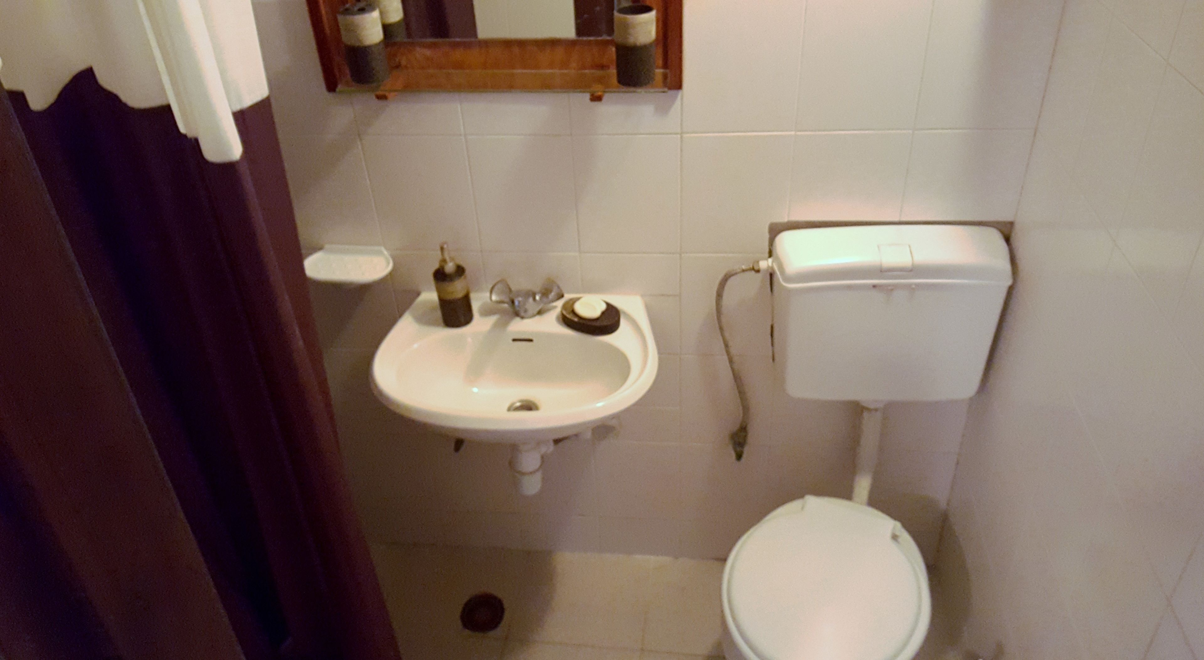 Un baño con lavamanos blanco, un inodoro y un espejo sobre el lavamanos.