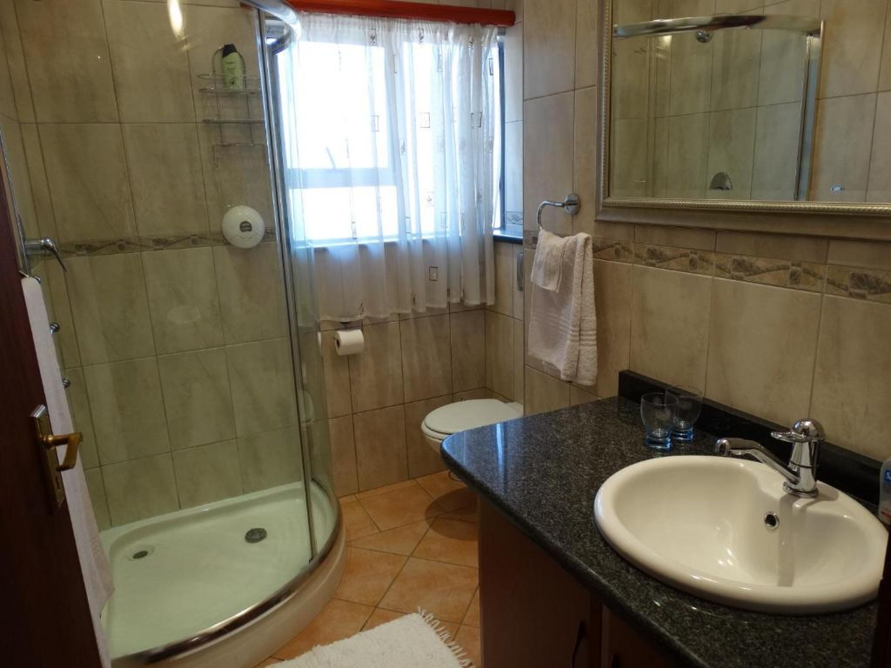 A bathroom with a glass-enclosed shower, a sink, and a toilet.