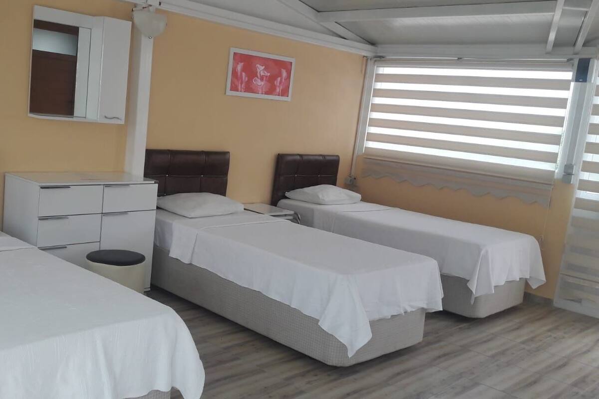 A hotel room with two single beds, a small white dresser, a mirror, and a window with blinds.