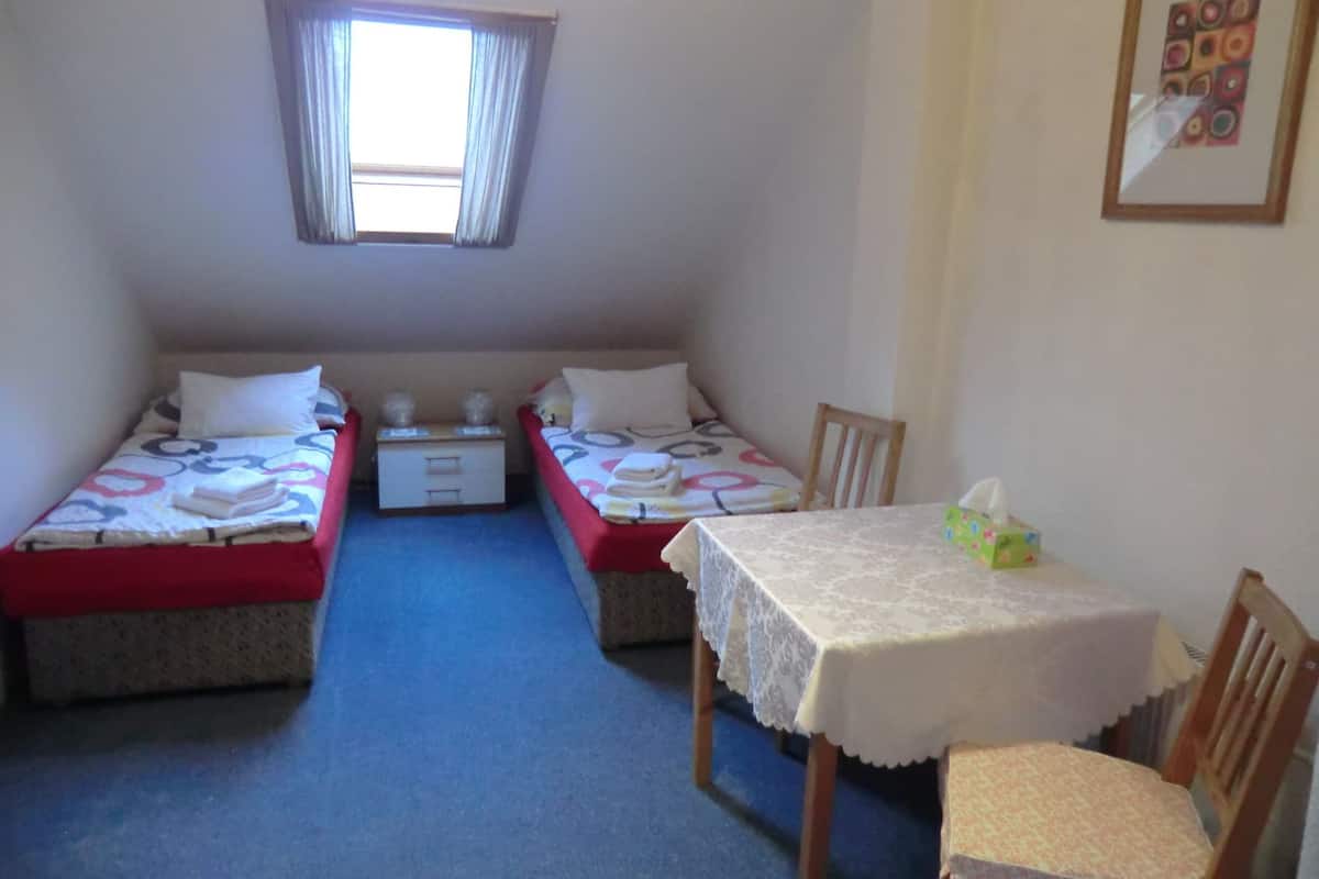 A small, cozy room with two single beds, a small table, and a chair.