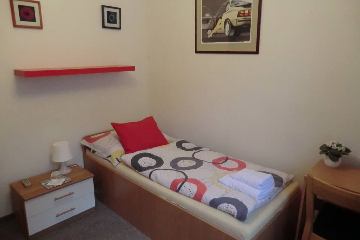 A small, neatly arranged bedroom with a single bed, a nightstand, a drawer unit, and a small table with a plant.