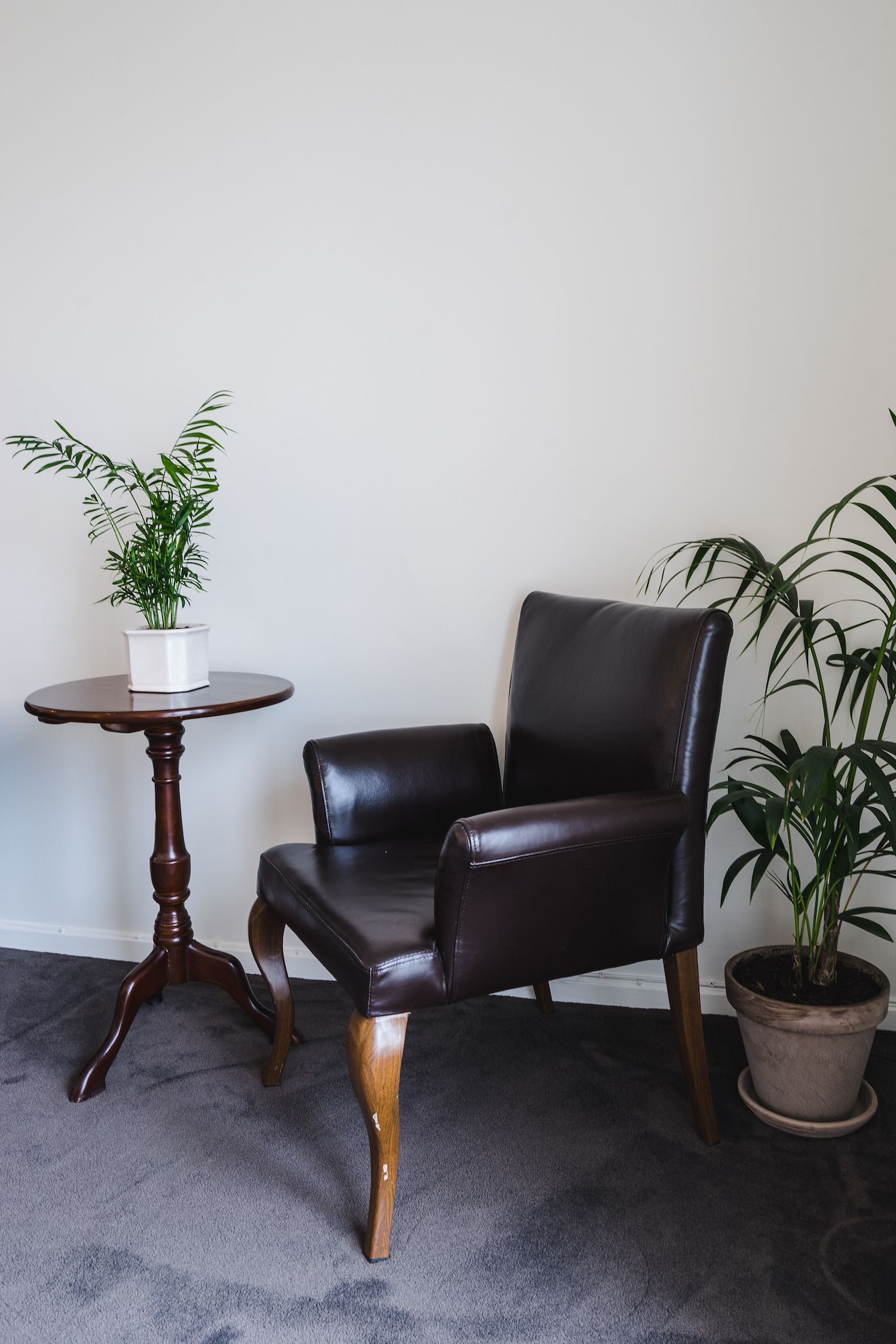 Uma poltrona de couro marrom escuro com pés de madeira, uma mesa de madeira redonda com um vaso branco de plantas verdes, e um vaso com planta ao lado da poltrona.