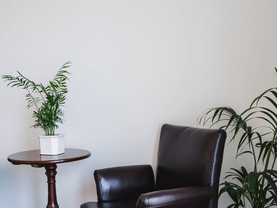 Een donkerbruine leren fauteuil met houten poten, een ronde houten tafel met een witte pot met groene planten, en een plant in pot naast de stoel.