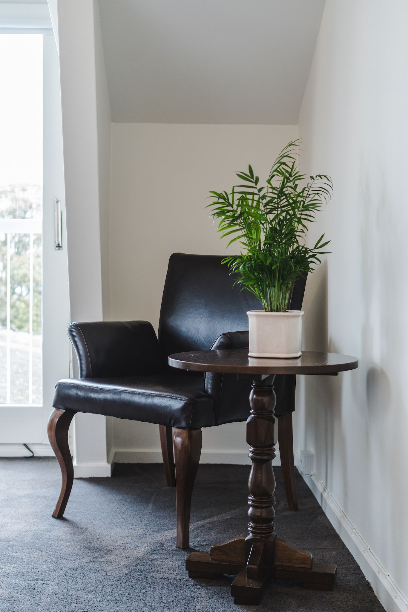 Una habitación con un sillón de cuero negro, una mesita redonda con una planta en maceta y piso alfombrado.