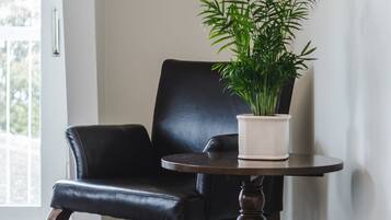 Una habitación con un sillón de cuero negro, una mesita redonda con una planta en maceta y piso alfombrado.