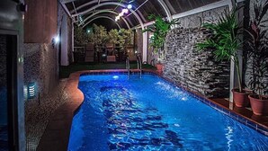 Ein Innenpool mit Steinwand und Topfpflanzen.
