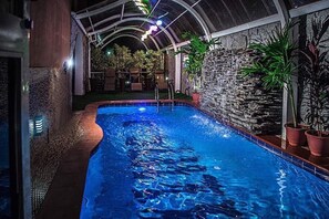 An indoor swimming pool with a stone wall and potted plants. - E-Suite Hotel (Abuja)
