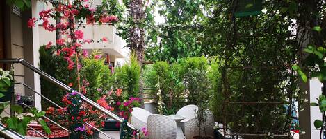 An outdoor area with a staircase, wicker furniture, potted plants, and a pergola with climbing plants.