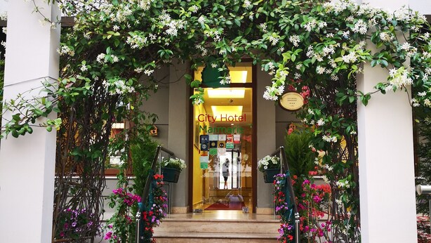 A hotel entrance with a red carpet leading to a staircase, surrounded by lush greenery and white flowers. - City Hotel Marmaris (Marmaris)