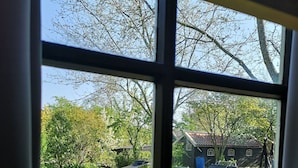 A window with a view of a garden with grass, flowers, and a house.
