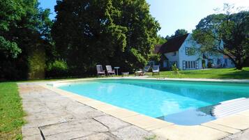 Seasonal outdoor pool, pool umbrellas, pool loungers
