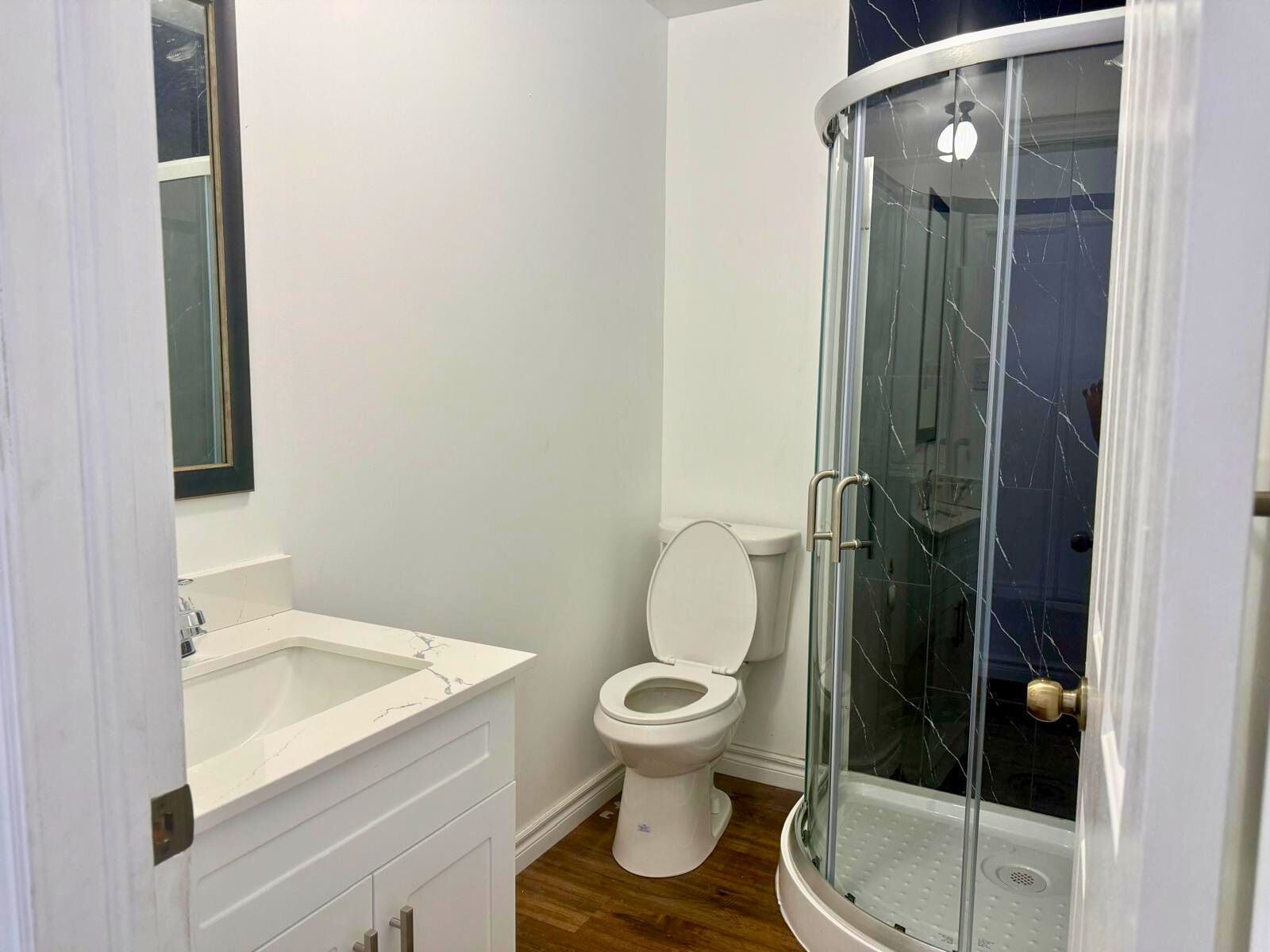 Et badeværelse med toilet, en brusekabine med glasvægge og en hvid vask.