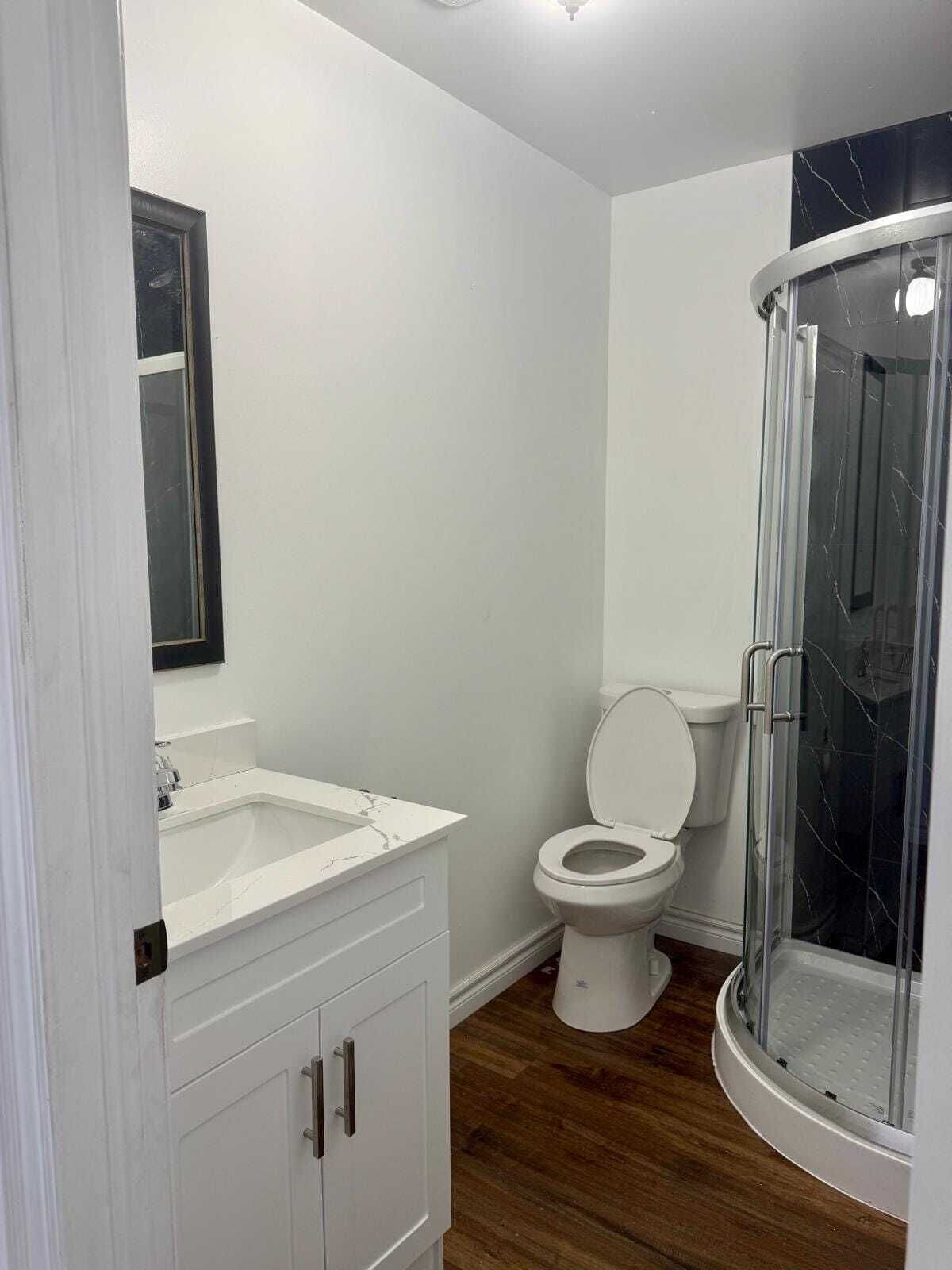 Un bagno con il water bianco, un lavandino e una cabina doccia in vetro.