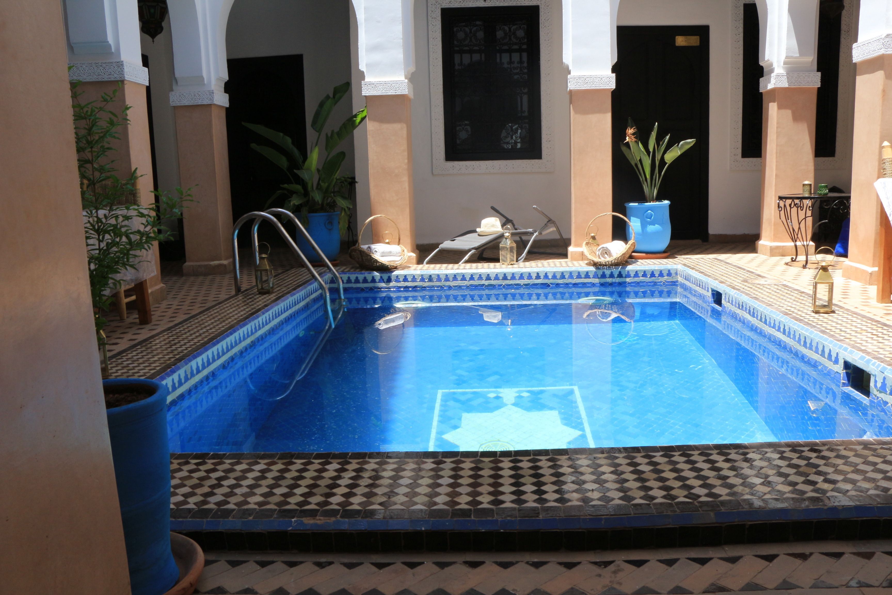 Une piscine dont le revêtement est constitué de carreaux disposés selon un motif géométrique, entourée de plantes en pot et dotée d’un sol carrelé.