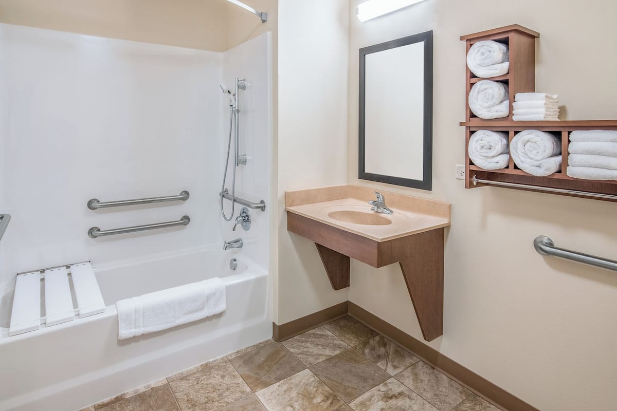 combined shower/bathtub, free toiletries, hair dryer, towels