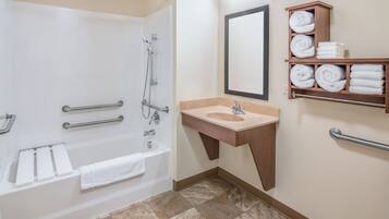 Room, 2 Queen Beds, Accessible | Bathroom | Combined shower/bathtub, free toiletries, hair dryer, towels