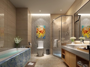 Standard Suite | Bathroom | Shower, hair dryer, slippers, towels