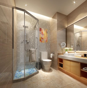 Shower, hair dryer, slippers, towels