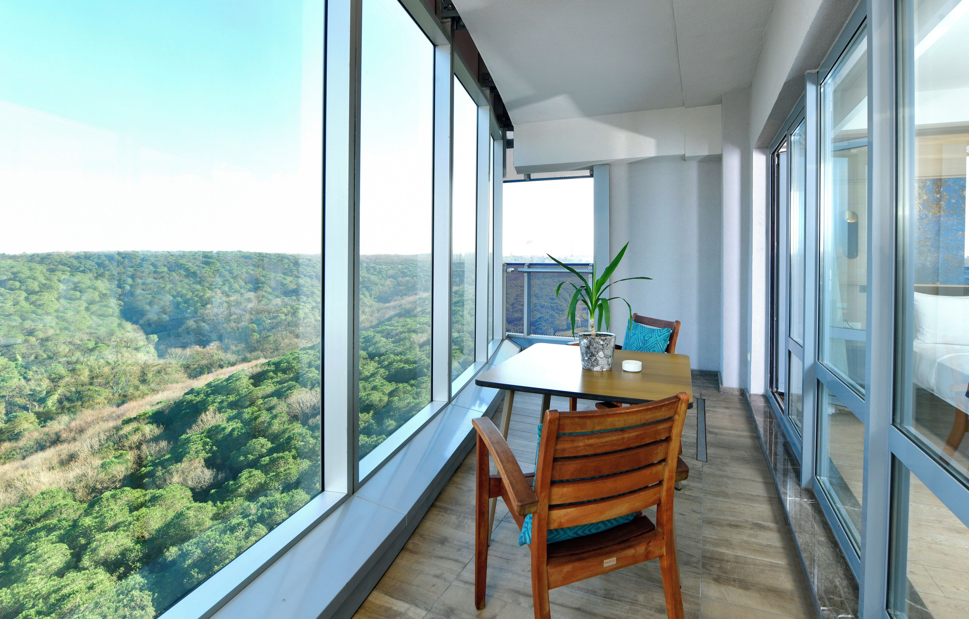 Un balcón con una mesa, sillas y una planta en maceta.
