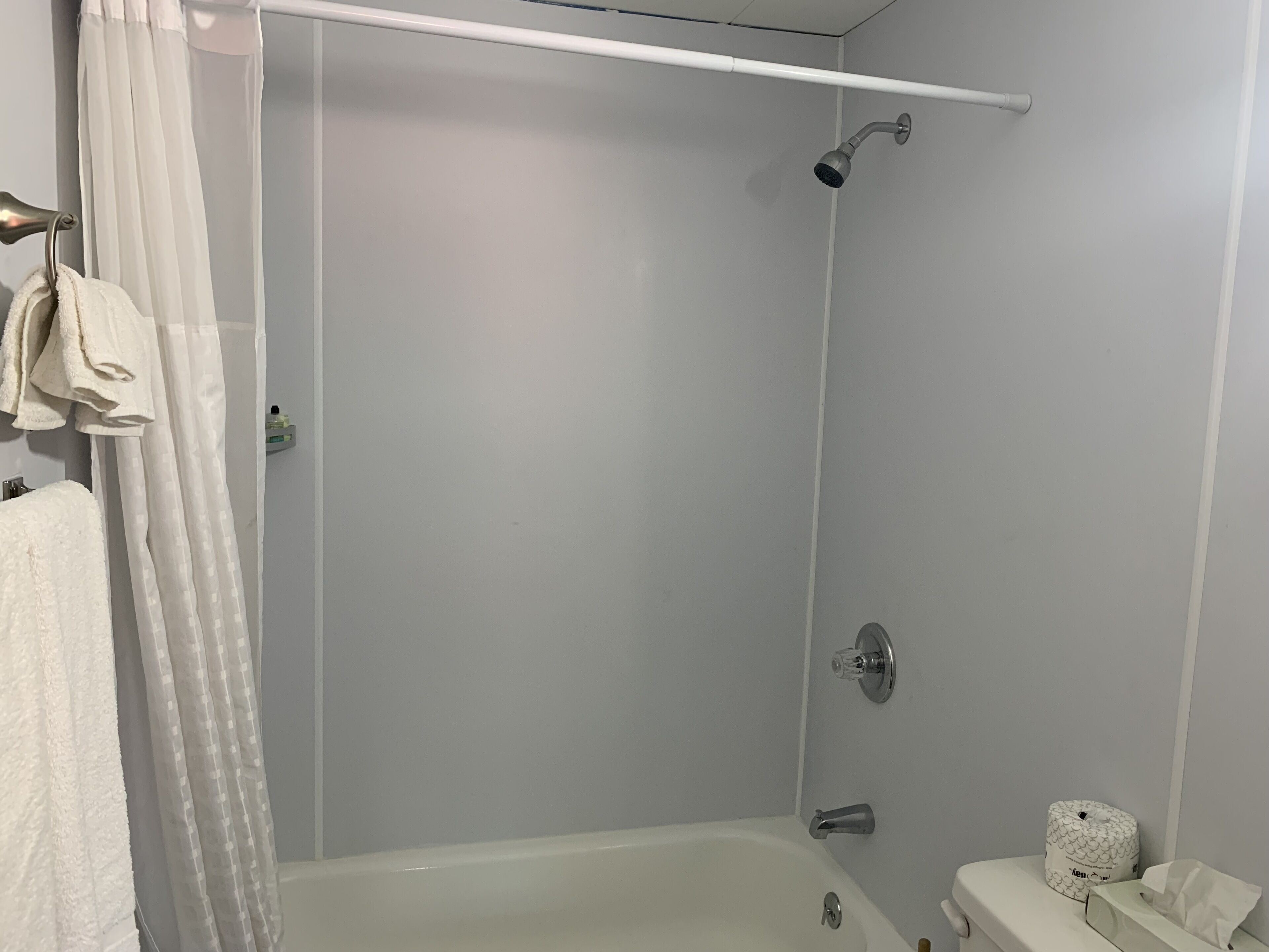 A modern bathroom with a shower, toilet, and a towel rack.