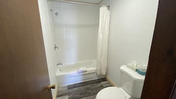 Ein Badezimmer mit Dusche, Toilette und Holzboden.