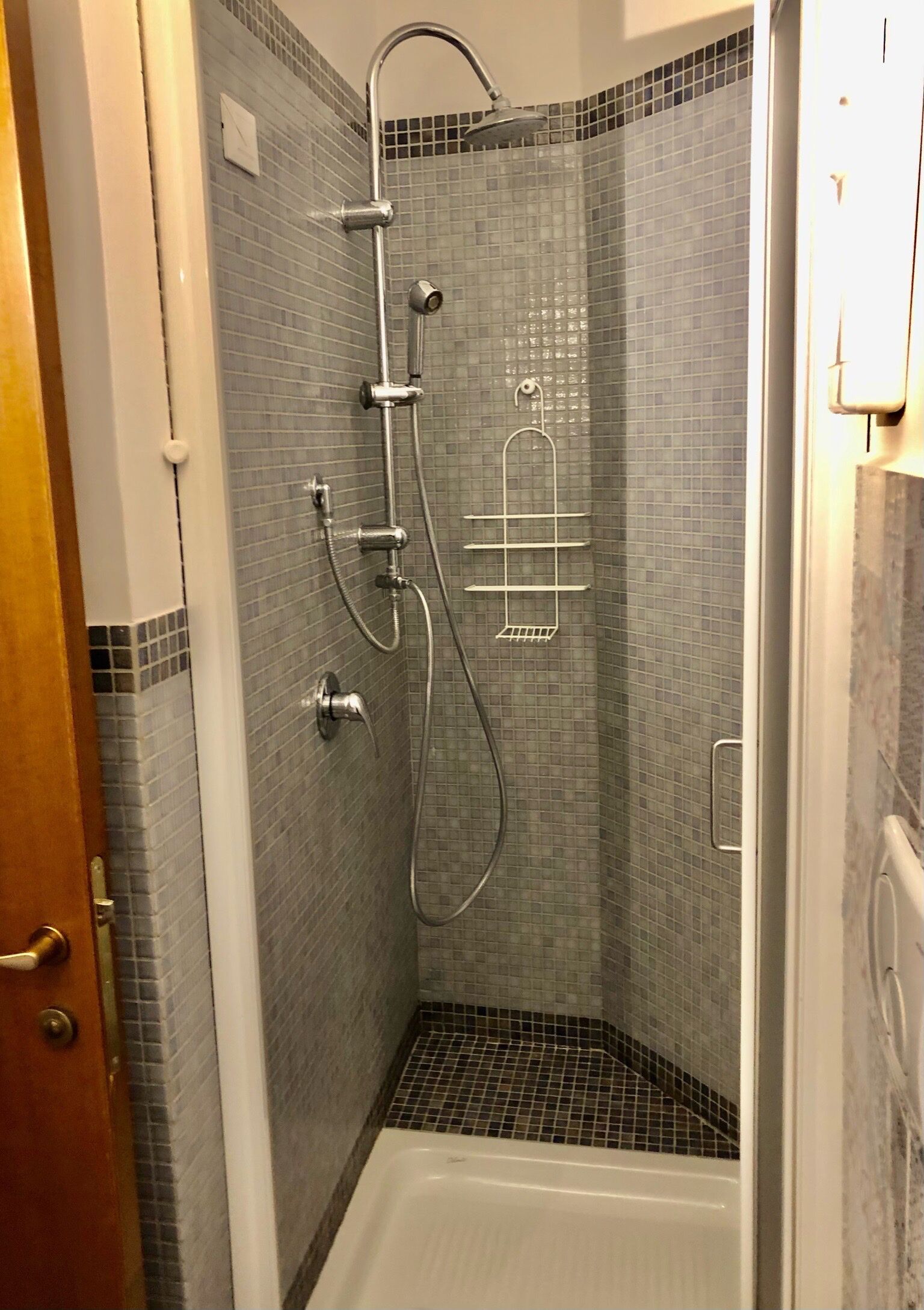 Eine Dusche mit Duschbrause und Wandarmatur.