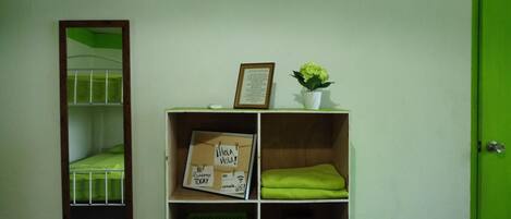 Una habitación con una cama litera, una estantería con un cuadro enmarcado, una planta en maceta y una puerta verde.