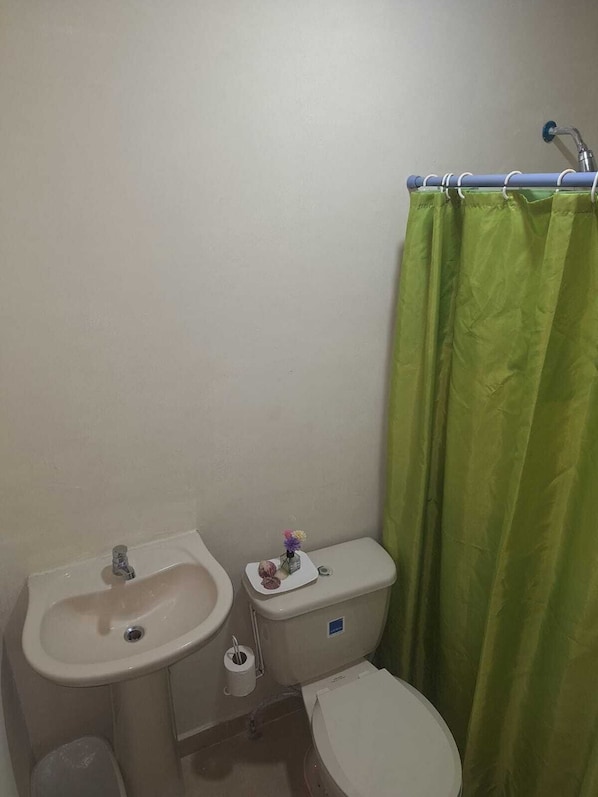 Un baño con lavamanos, inodoro y cortina de ducha verde.