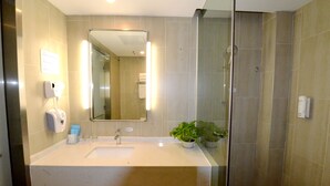 Une salle de bain équipée d’un lavabo, d’un miroir, d’un sèche-mains et d’une plante en pot.