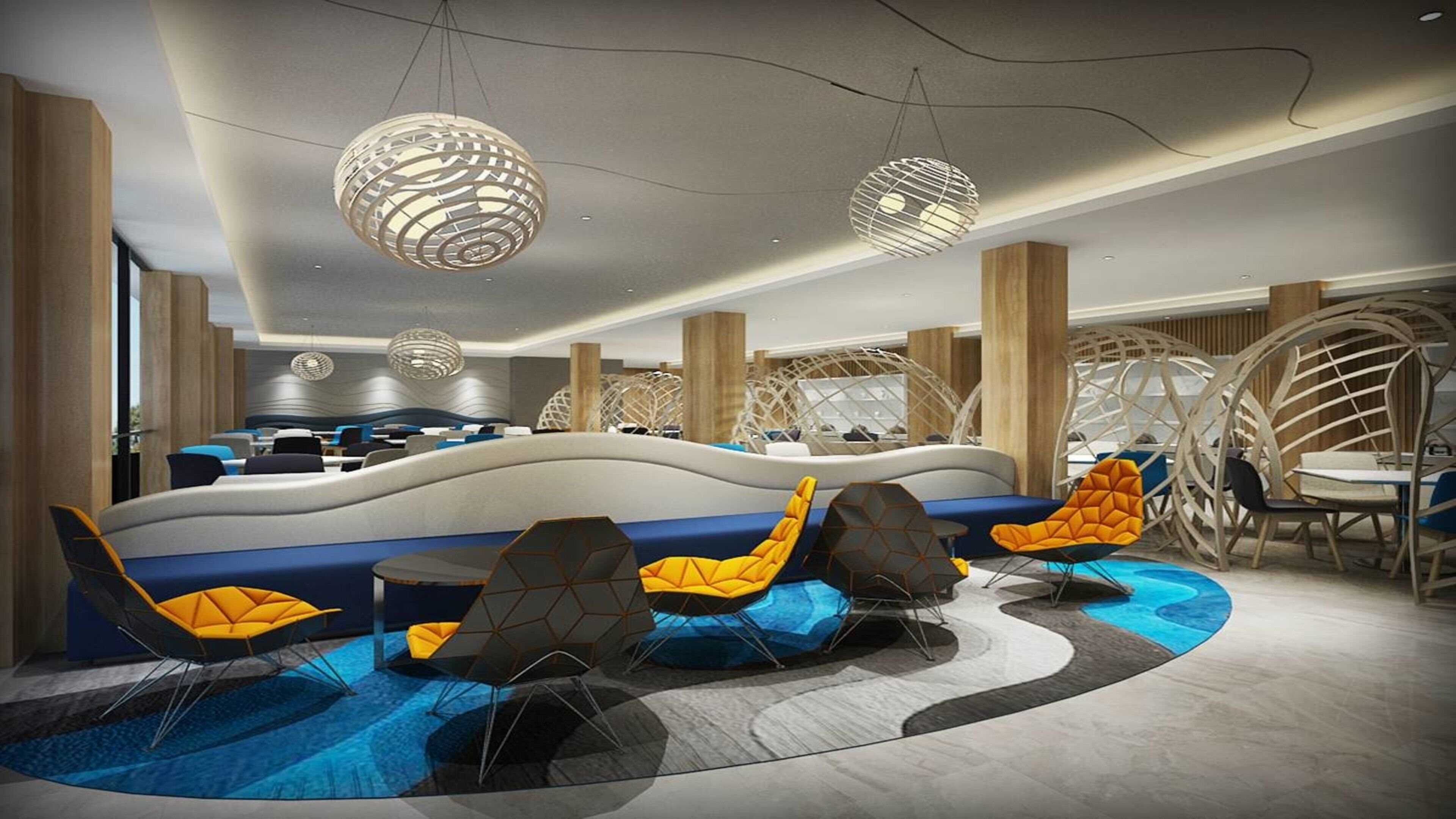 A modern lounge area with seating, tables, and unique lighting fixtures.