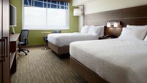 A hotel room with two beds, a desk, a chair, a TV, and a window with blinds. - Holiday Inn Express & Suites-Cincinnati North - Liberty Way by IHG (West Chester)